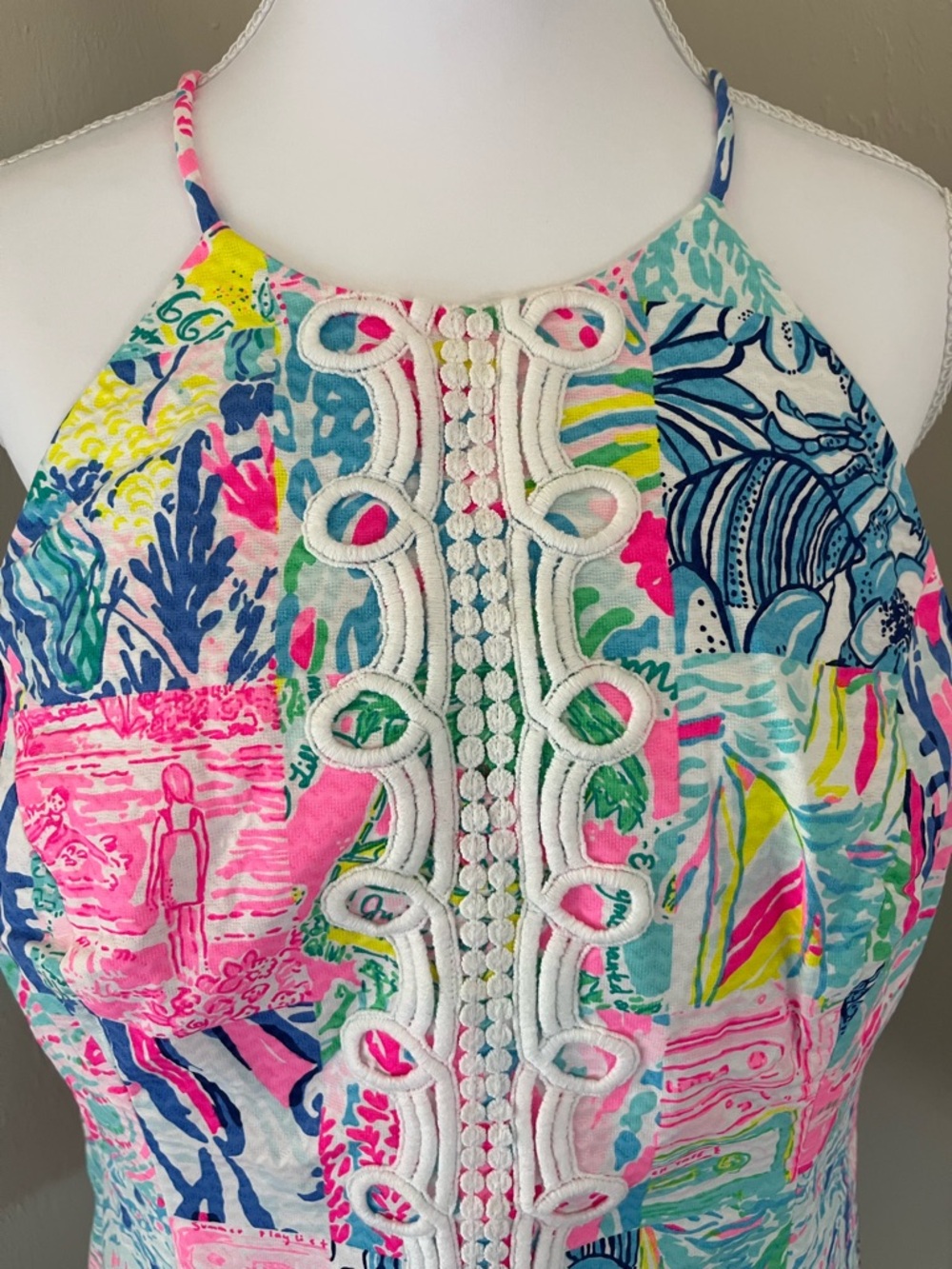 Lilly Pulitzer Pink Aqua Blue Yellow Patchwork Halter Shell with White Trim